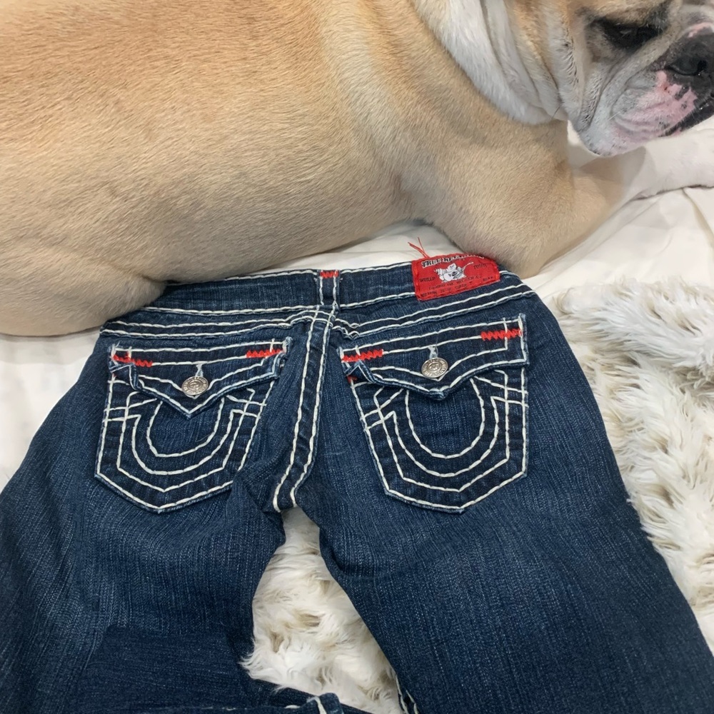 Authentic True Religion dark blue jeans-Red accent stitching Julie